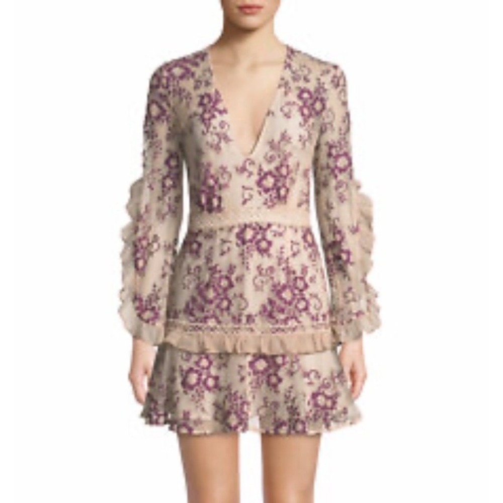 La Maison Talulah‎ Purple Floral Embroidered Ruffle Mini Dress Pink Small
